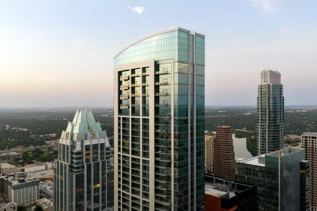 415 Colorado tower and downtown Austin skyline in sunrise light