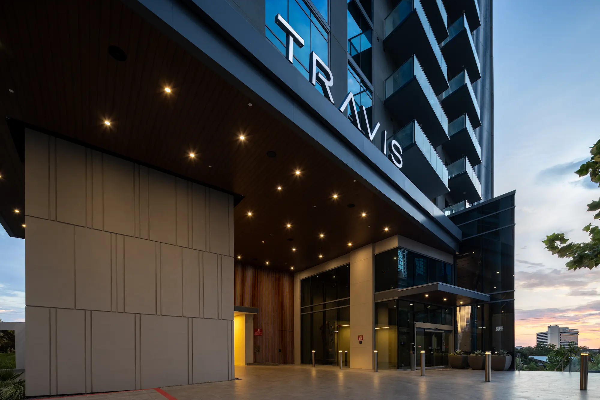 The Travis ATX entrance canopy and illuminated ground floor