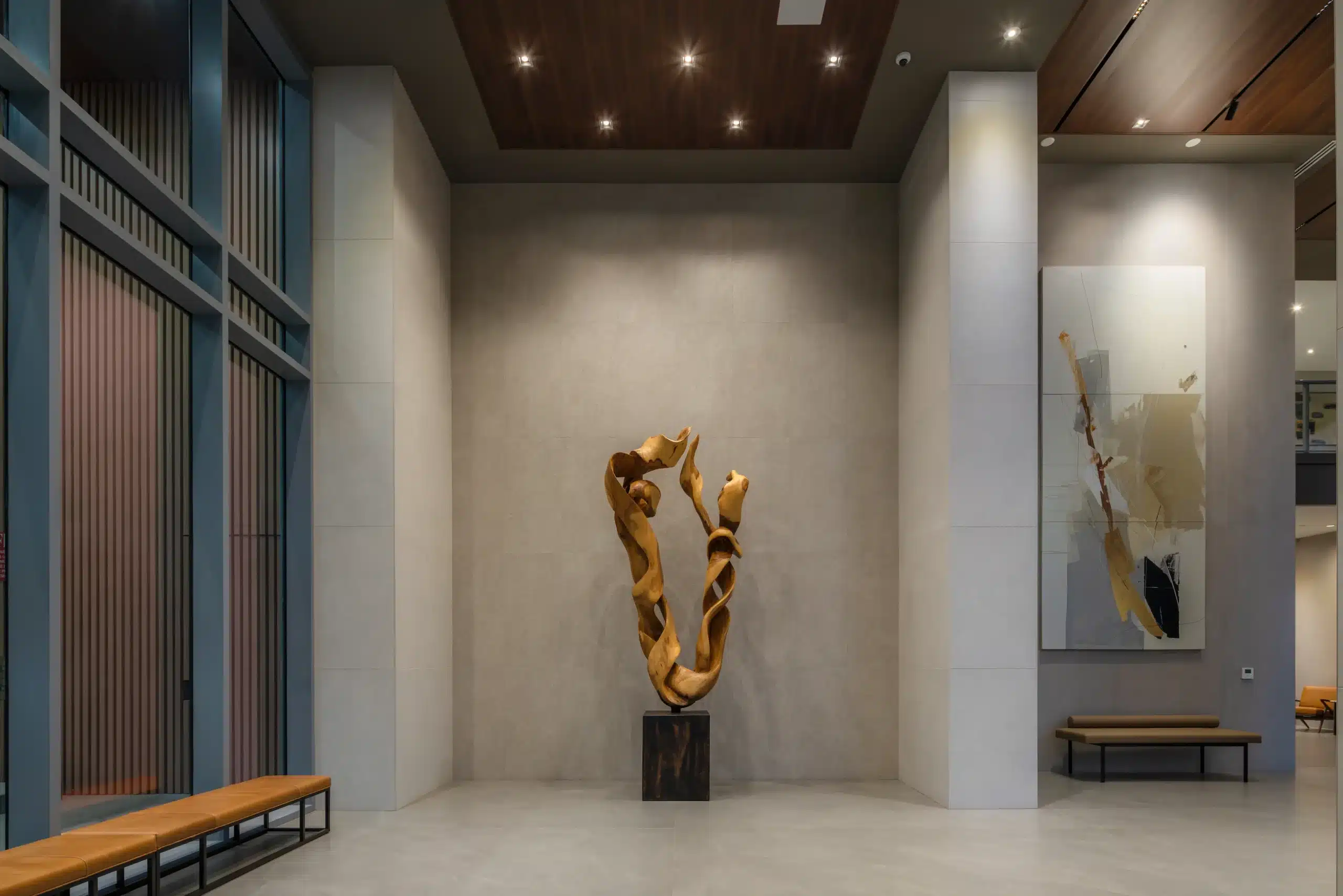 Sculpture and seating in The Travis ATX lobby